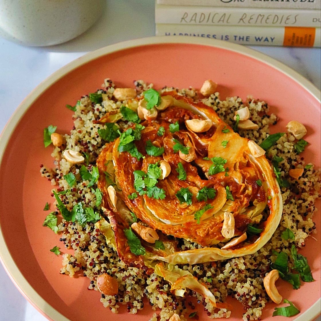Roasted Cabbage Steaks with Savory Peanut Sauce (vegan & gluten free)