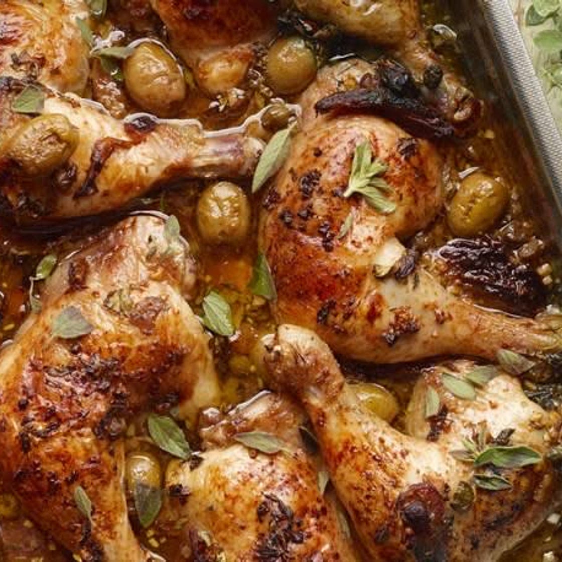 Roast chicken with dates, olives and capers