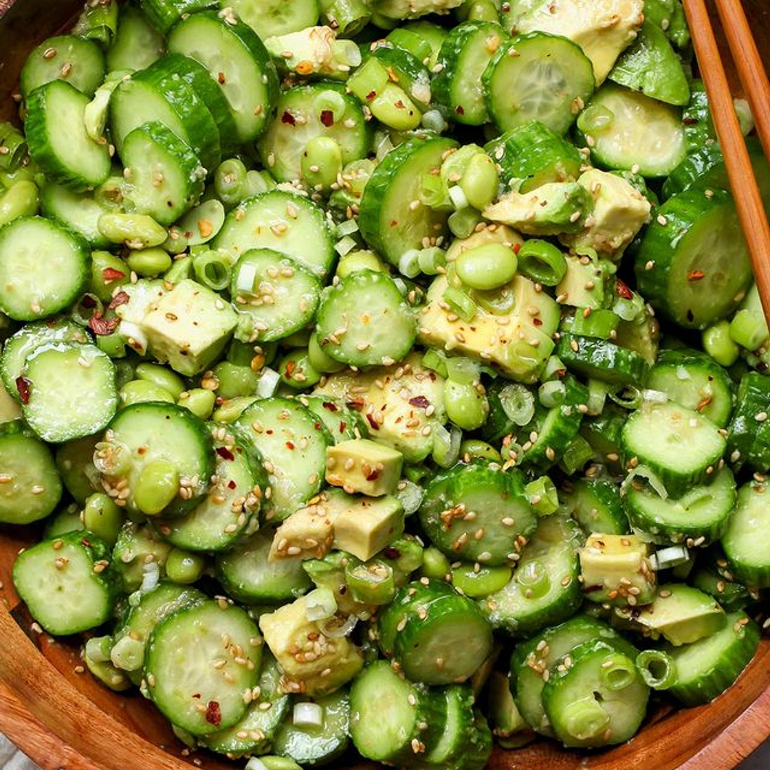 Cucumber, Avocado, and Edamame Salad with Sesame-Ginger Dressing