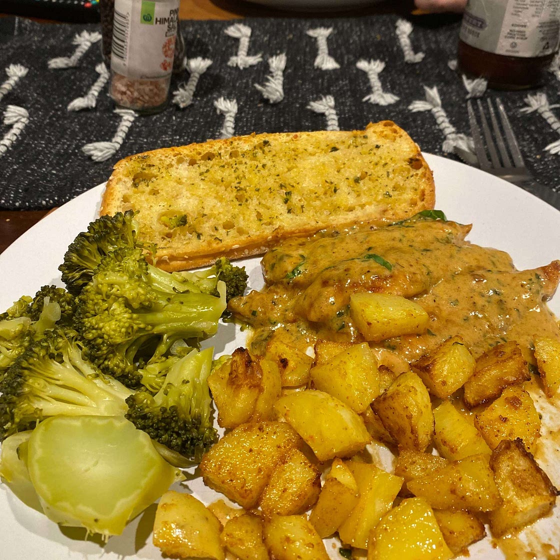Creamy Chicken Basil w/ Roasted Potatoes and Broccoli