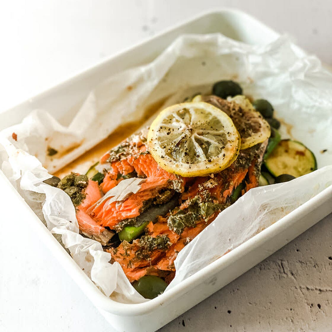Wild Salmon En Papillote With Greens & Olives