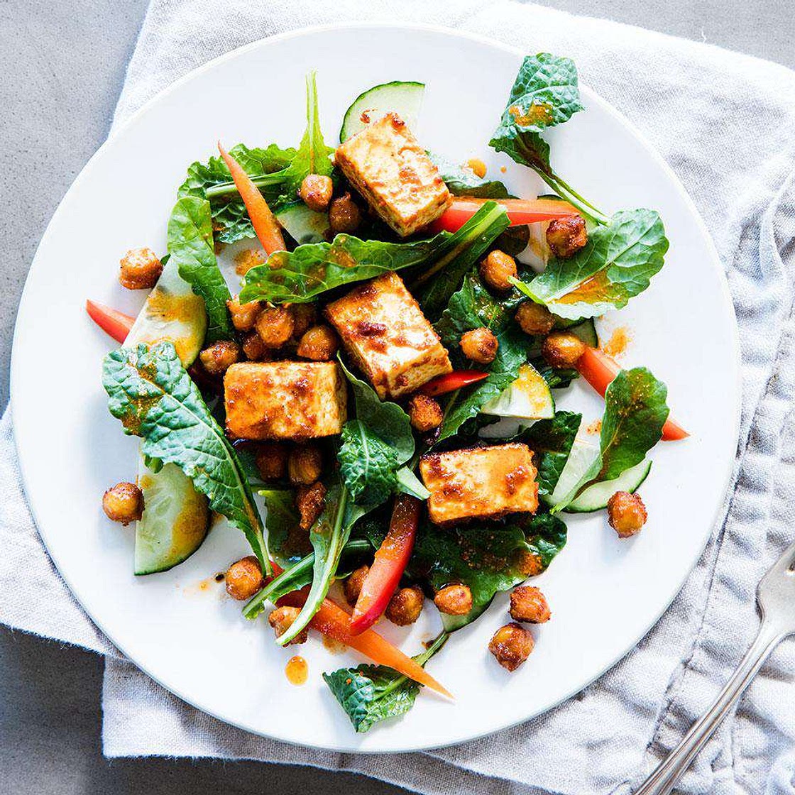 Kale Salad with Spiced Tofu & Chickpeas