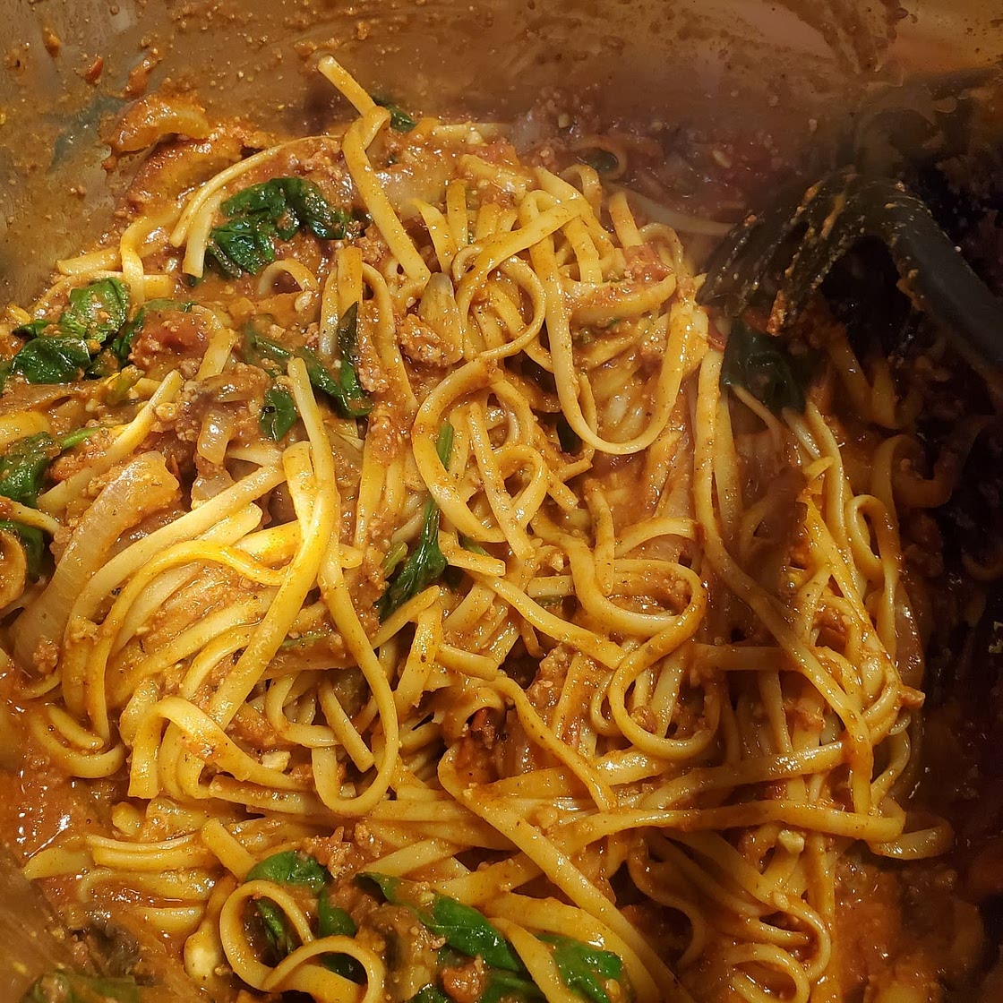 Spelt spaghetti with chorizo & mushrooms (low salt low carb)
