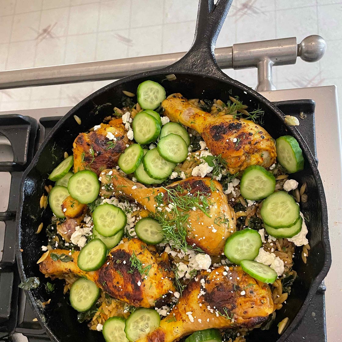 Skillet Chicken With Orzo, Dill and Feta