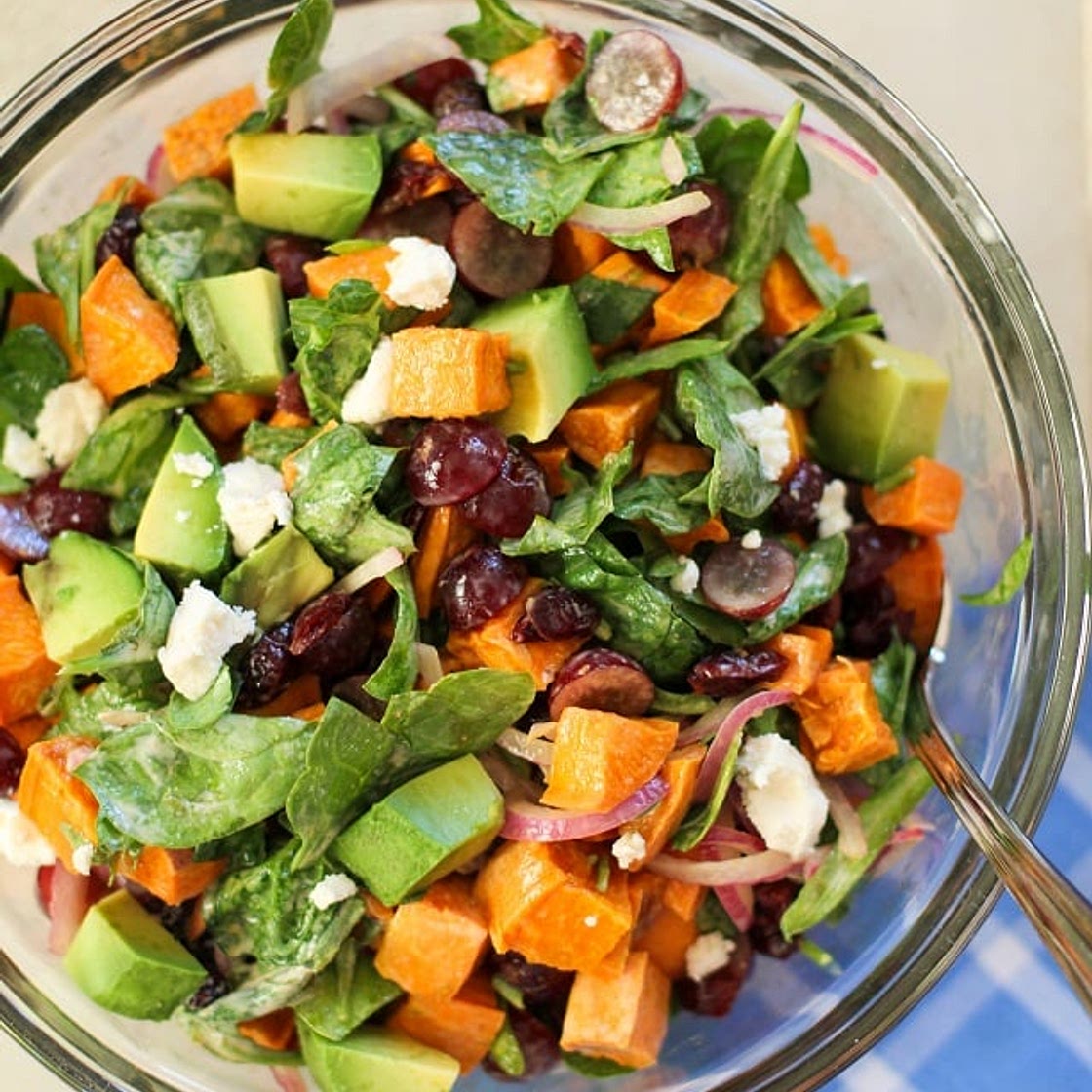 Roasted Sweet Potato Salad with Spinach and Grapes
