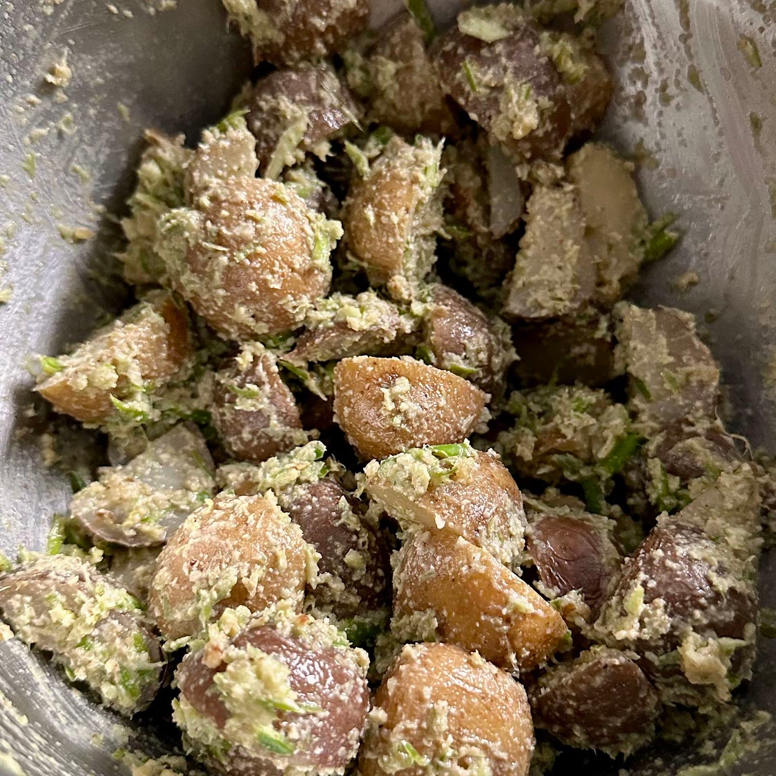 Garlic scape pesto potato salad