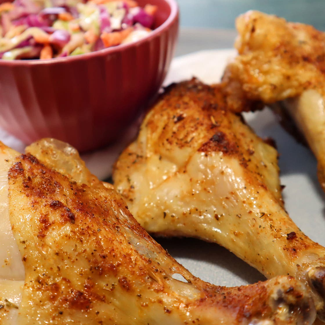 Air Fryer Chicken Thighs with Homemade Coleslaw, the perfect combo.