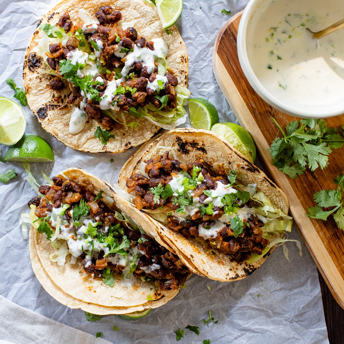 Simple Black Bean Tacos with Vegan Lime Crema