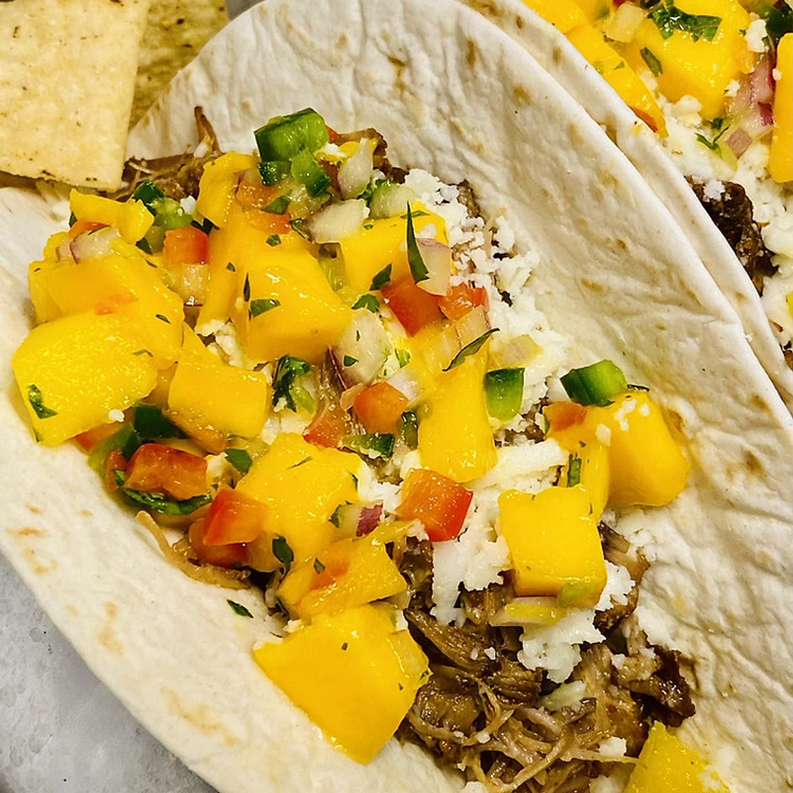 Pork Carnitas Tacos with Drunken Mango Salsa