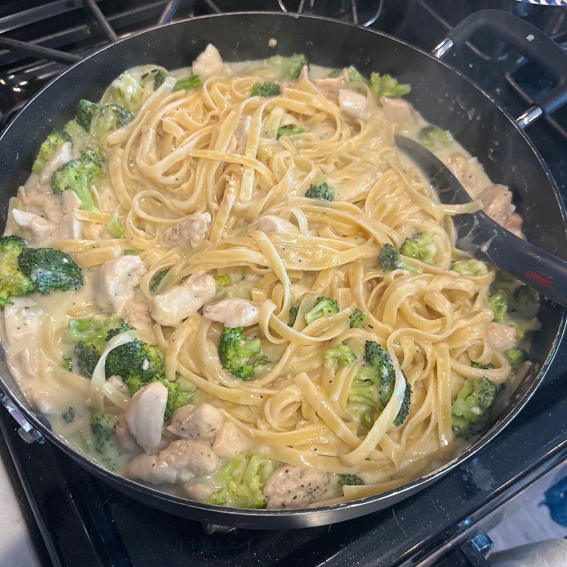 Lightened Up One Pan Chicken and Broccoli Fettuccine Alfredo