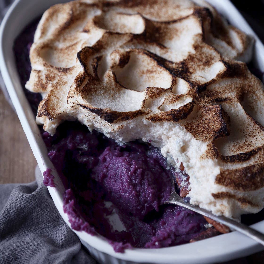 Purple Sweet Potato Casserole with Toasted Marshmallow Meringue