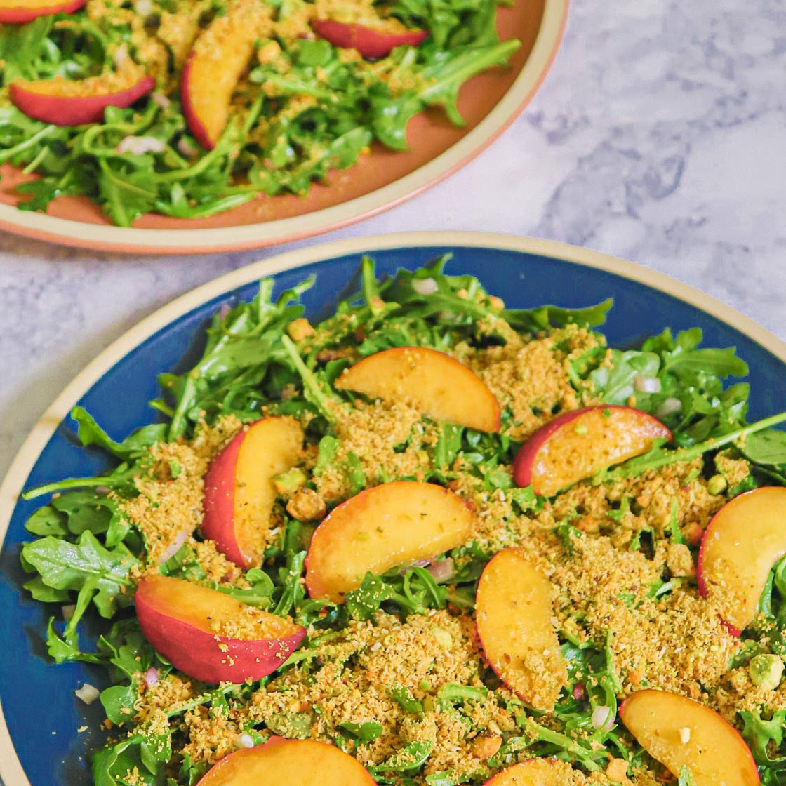 Peach Arugula Salad with Pistachio Dukkah