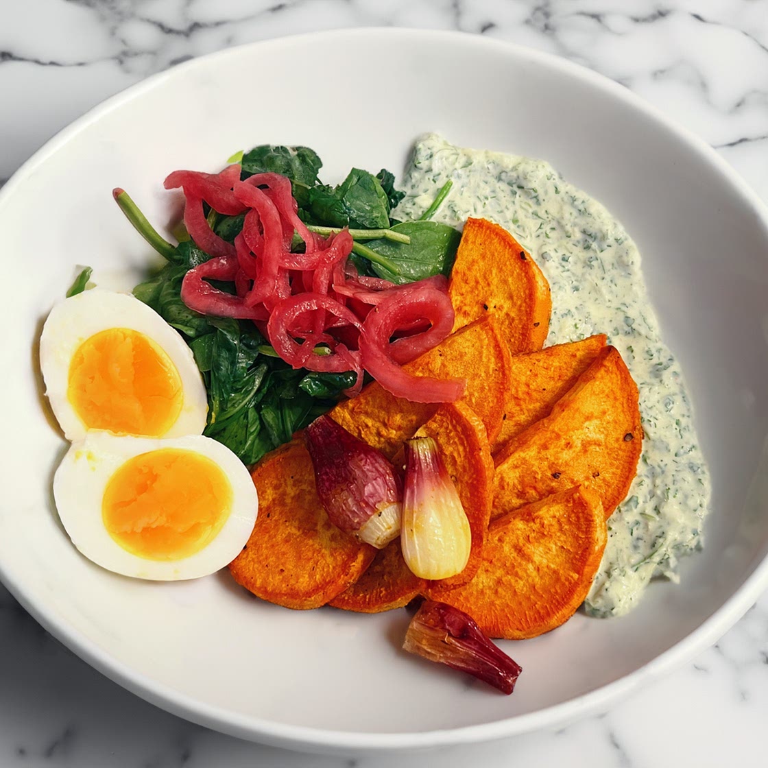 Yum Yam Bowl with Cilantro Spread and Red Pickled Onions