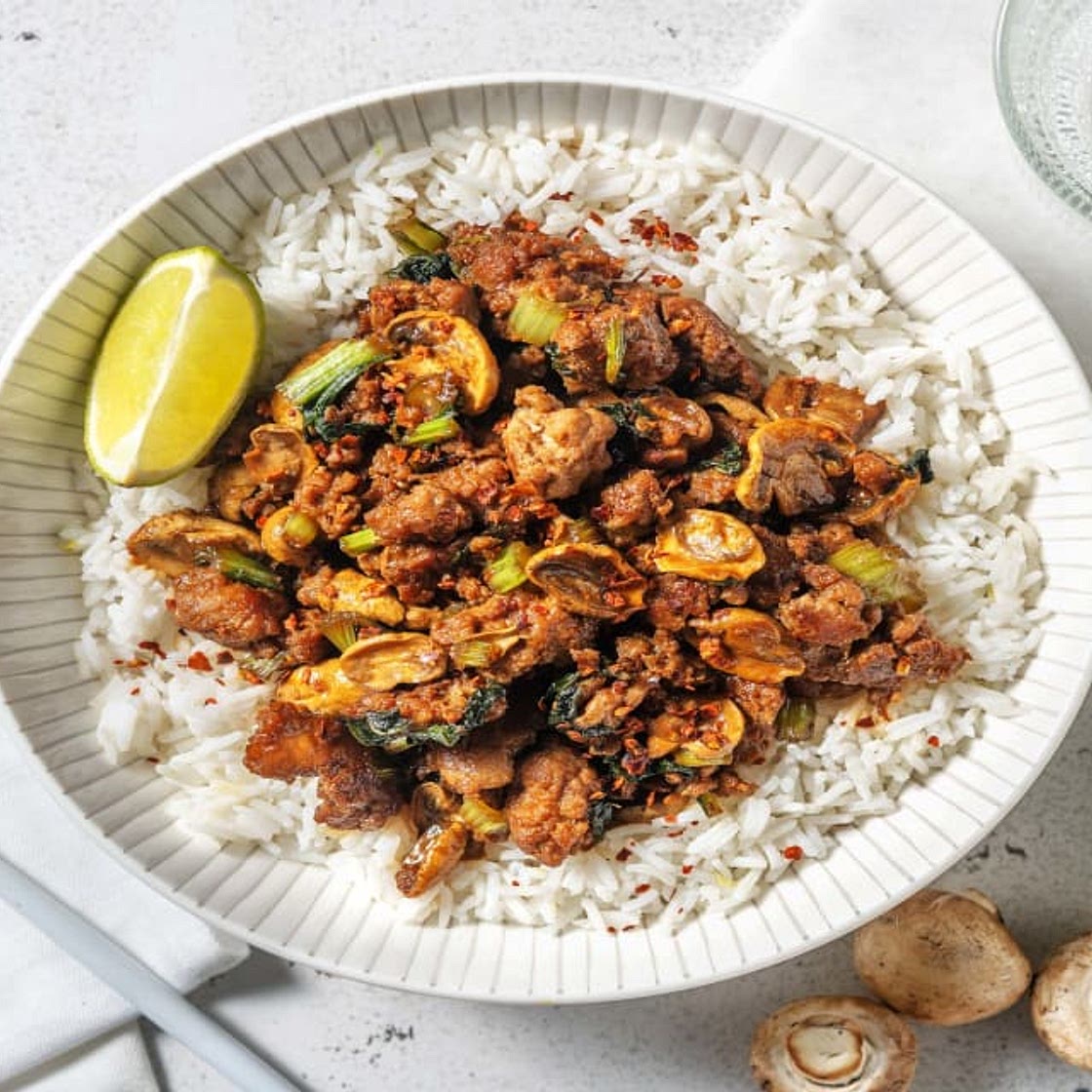 Fragrant Pork and Mushroom Stir-Fry with Pak Choi and Zesty Rice
