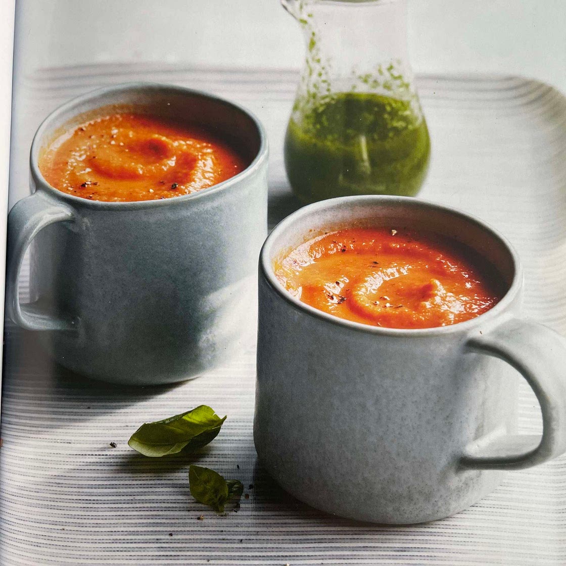 TOMATO-RED PEPPER BISQUE WITH BASIL OIL