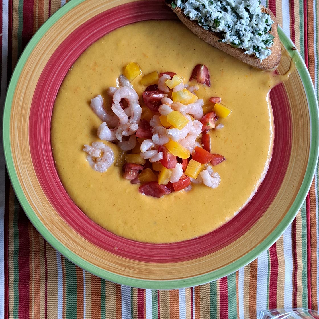 Yellow Gazpacho with Herbed Goat Cheese Toasts