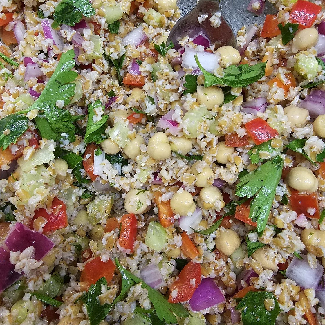 Bulgur Salad with Cucumbers, Red Peppers, Chick Peas, Lemon & Dill