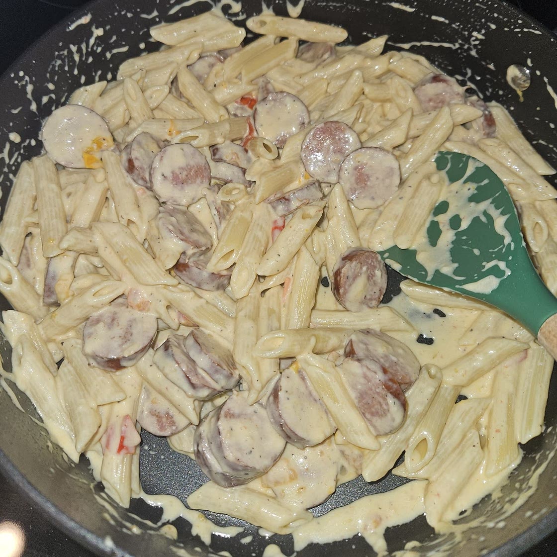 Creamy Mozzarella Pasta with Smoked Sausage