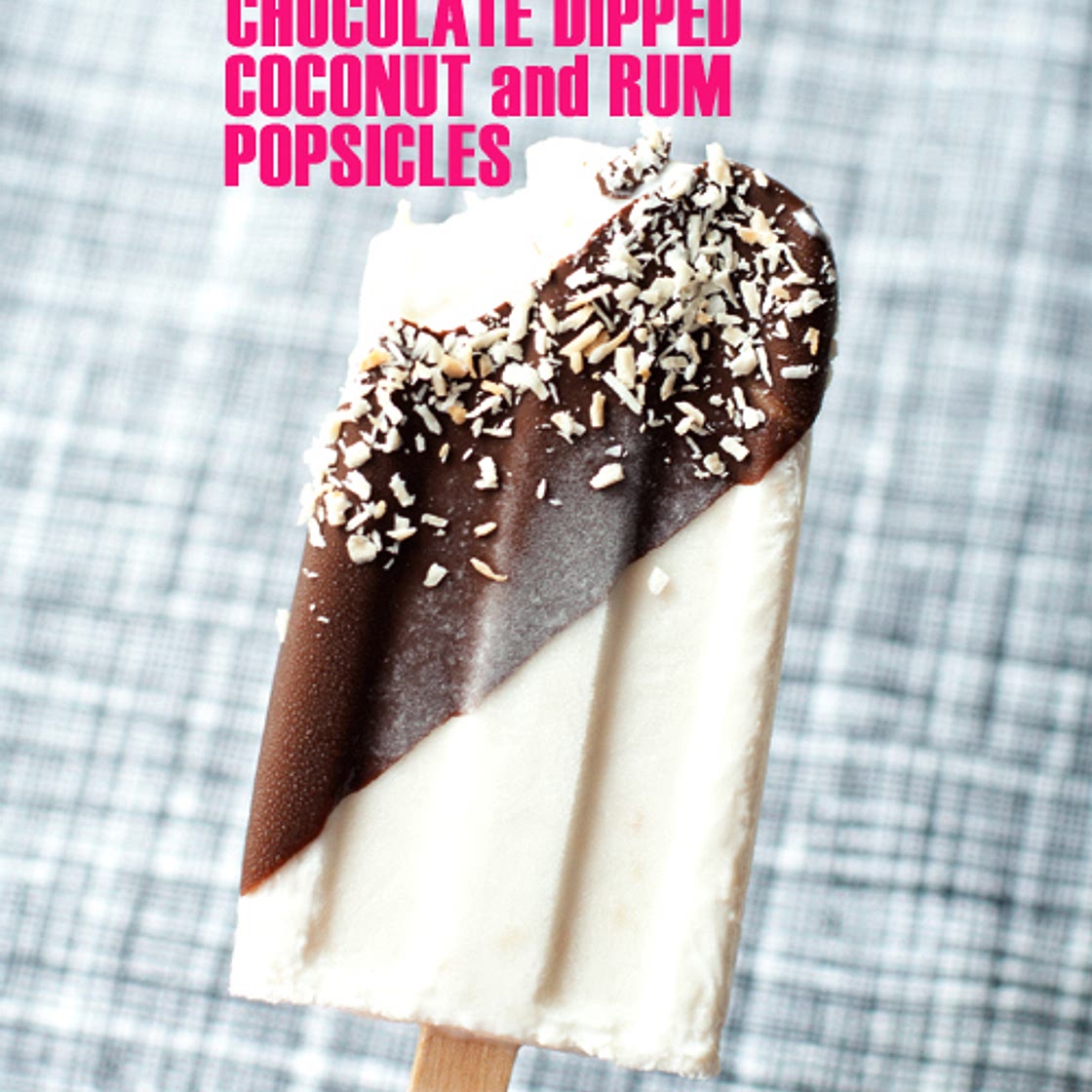 Chocolate-Dipped Coconut + Rum Popsicles