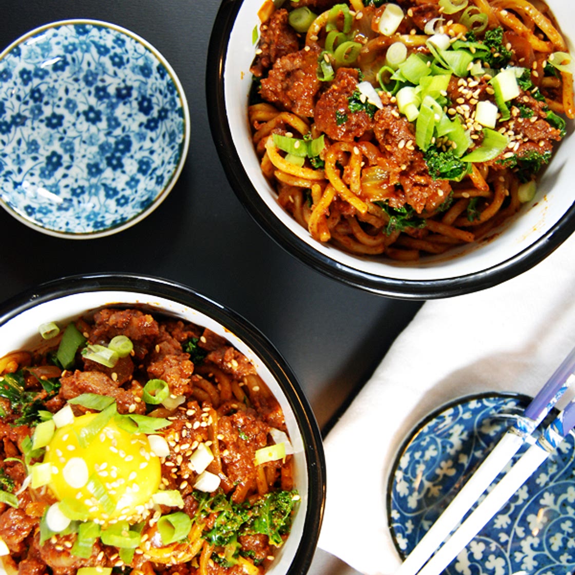 Spicy Pork Chorizo Noodles with Kale and Egg