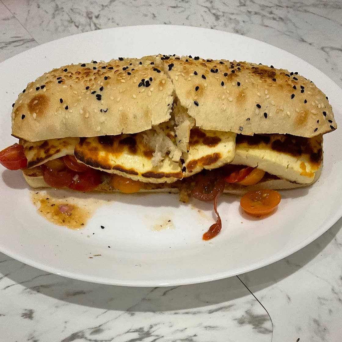 Marinated Tomato + Grilled Halloumi Sandwich