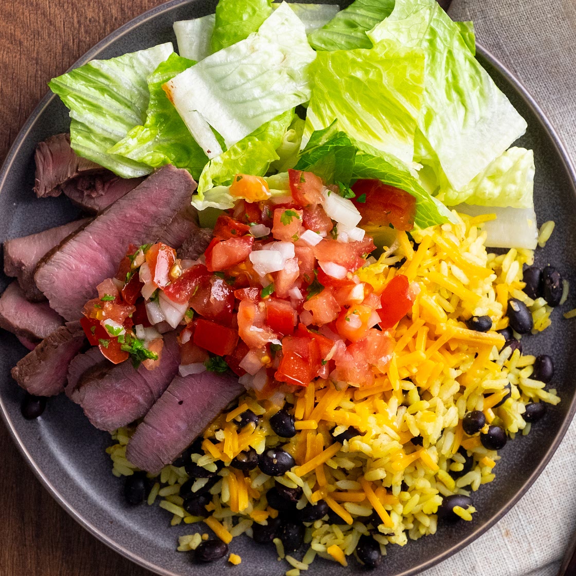 Steak Taco Plate with Rice and Beans