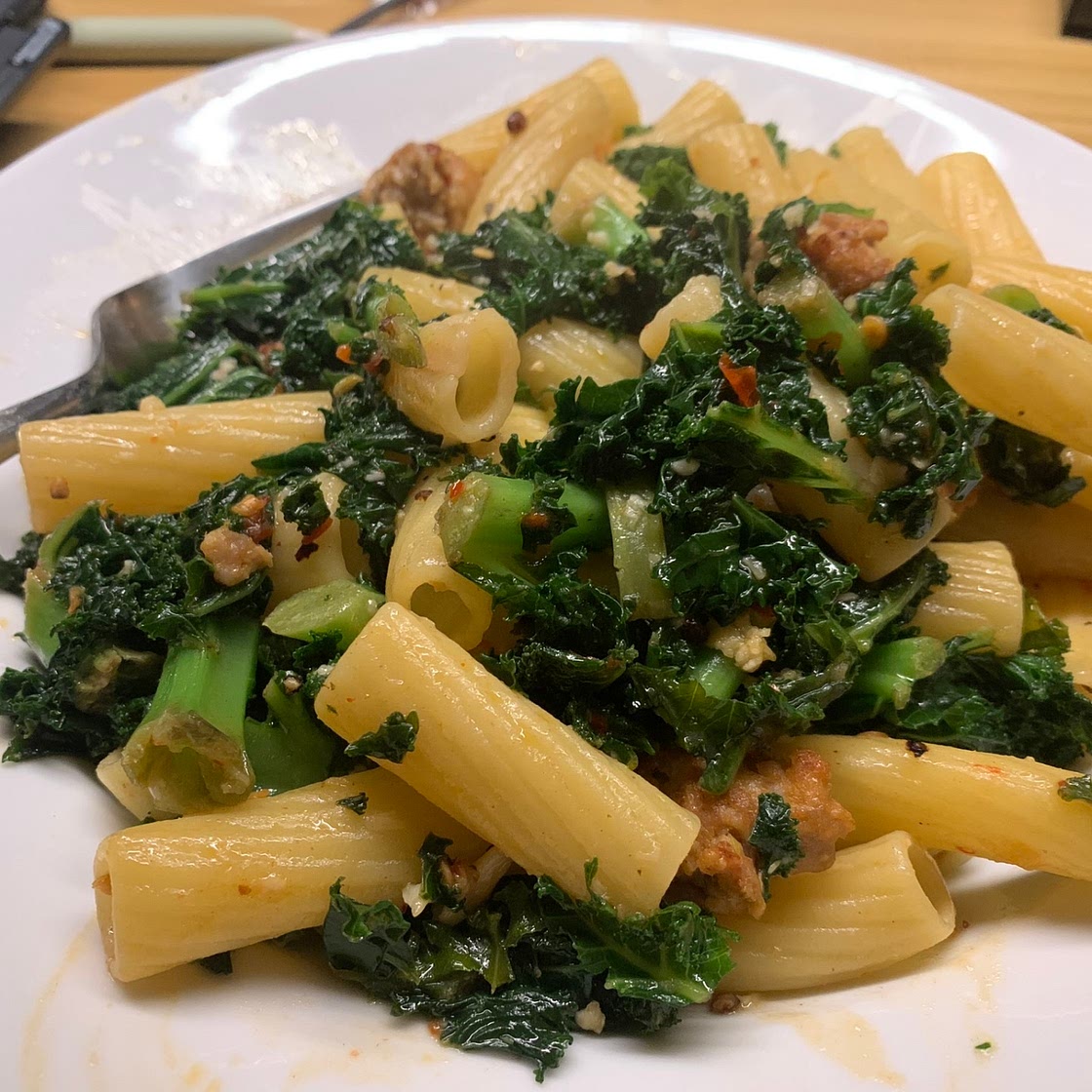 Linguini with sausage and kale