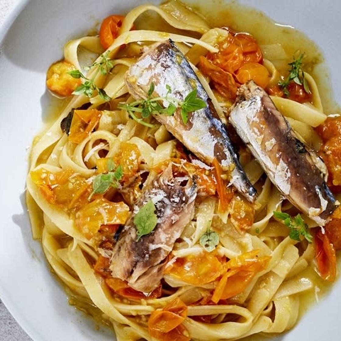 Fettuccine with Mackerel, Sun Gold Tomatoes, and Parmesan