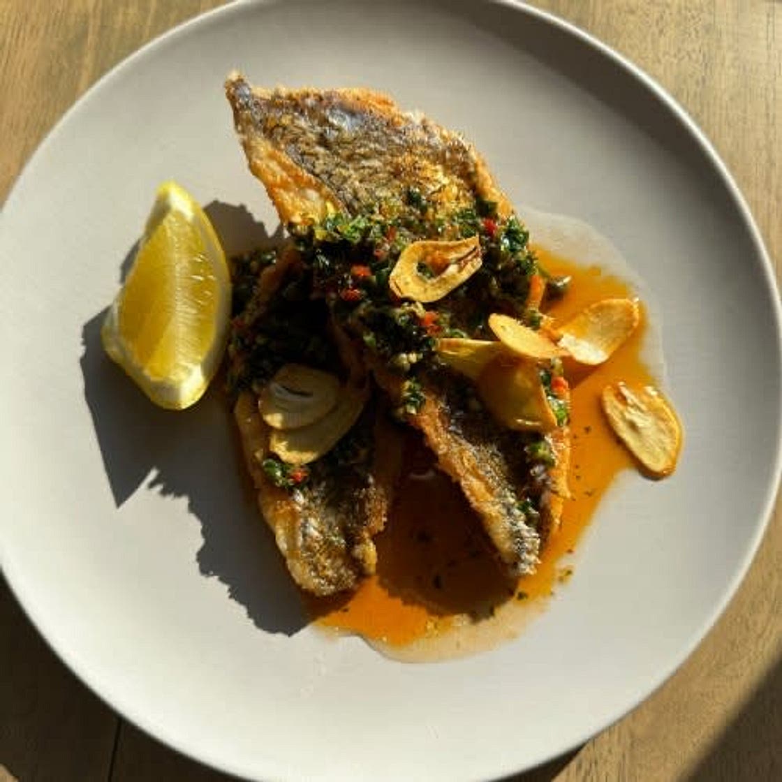Crispy Fish with Lemon, Chili and Fried Garlic