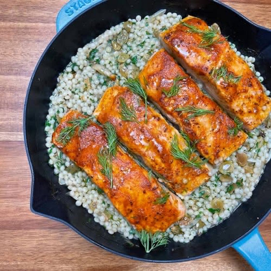 One Pan Harissa Salmon and Couscous
