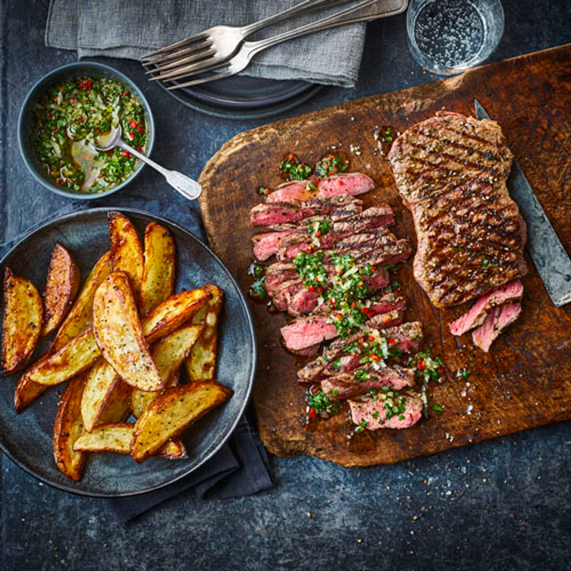 SIRLOIN STEAK WITH CHIMICHURRI AND WEDGES - TOM KERRIDGE