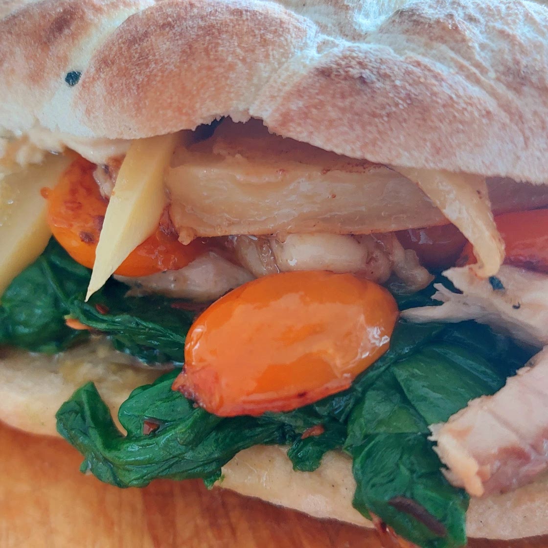 Panini - Mackerel, spinach a yellow tomatoes and caciocavallo