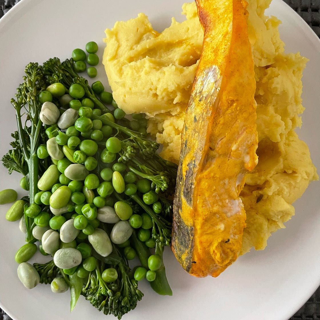 Crispy salmon with curry butter mash recipe