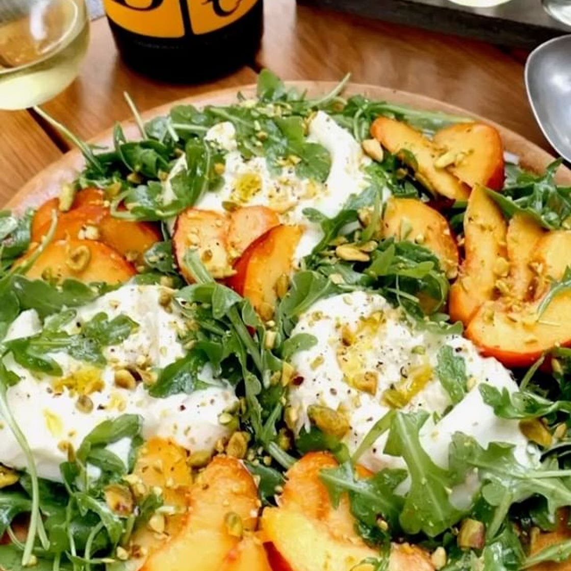 peach, pistachio, and burrata salad w/ honey balsamic vinaigrett
