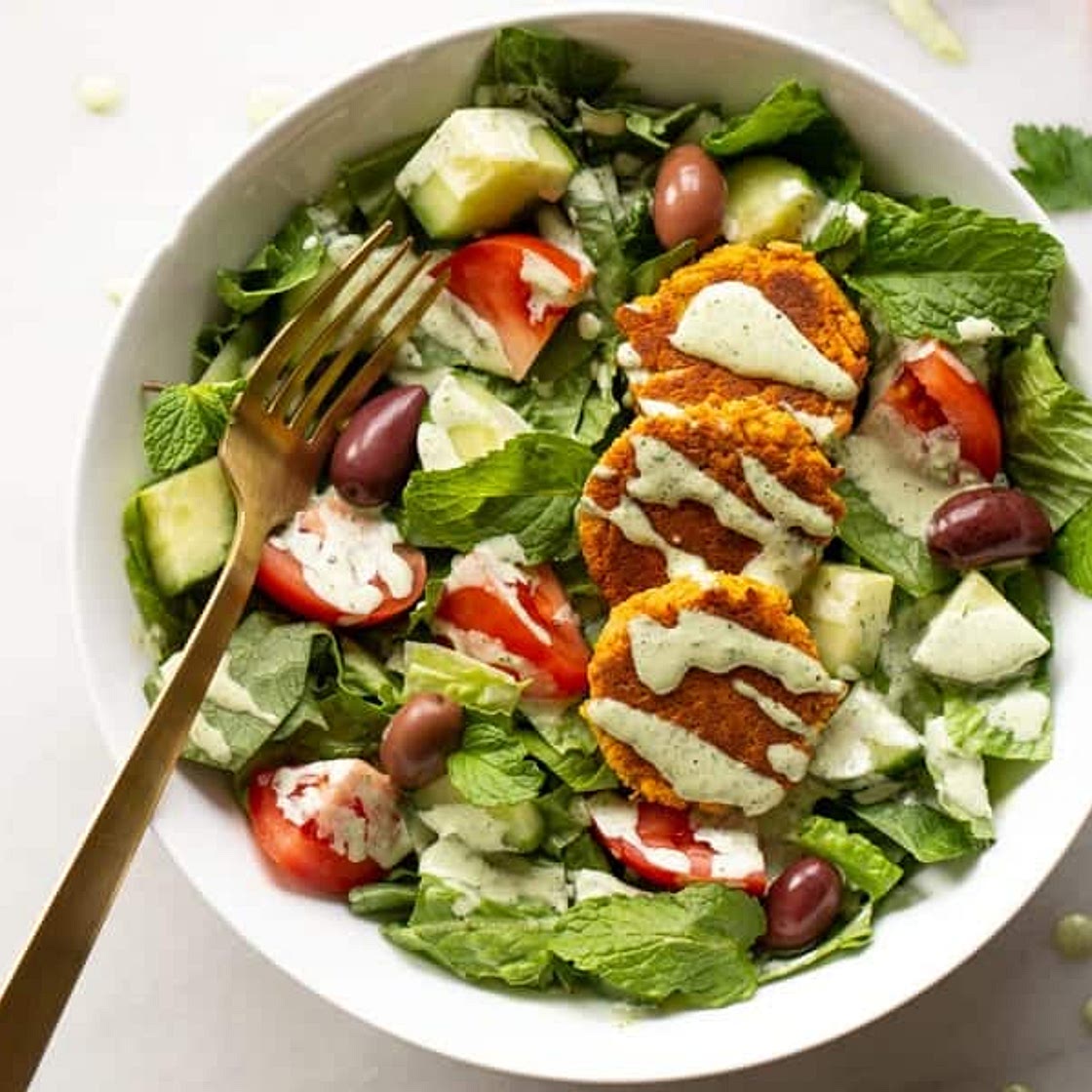 Sweet Potato Falafel Fattoush Salad + Herb Dressing