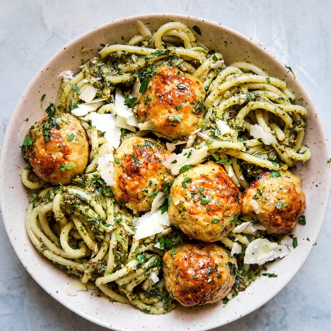Baked Chicken Meatballs with Broccoli Pesto Pasta