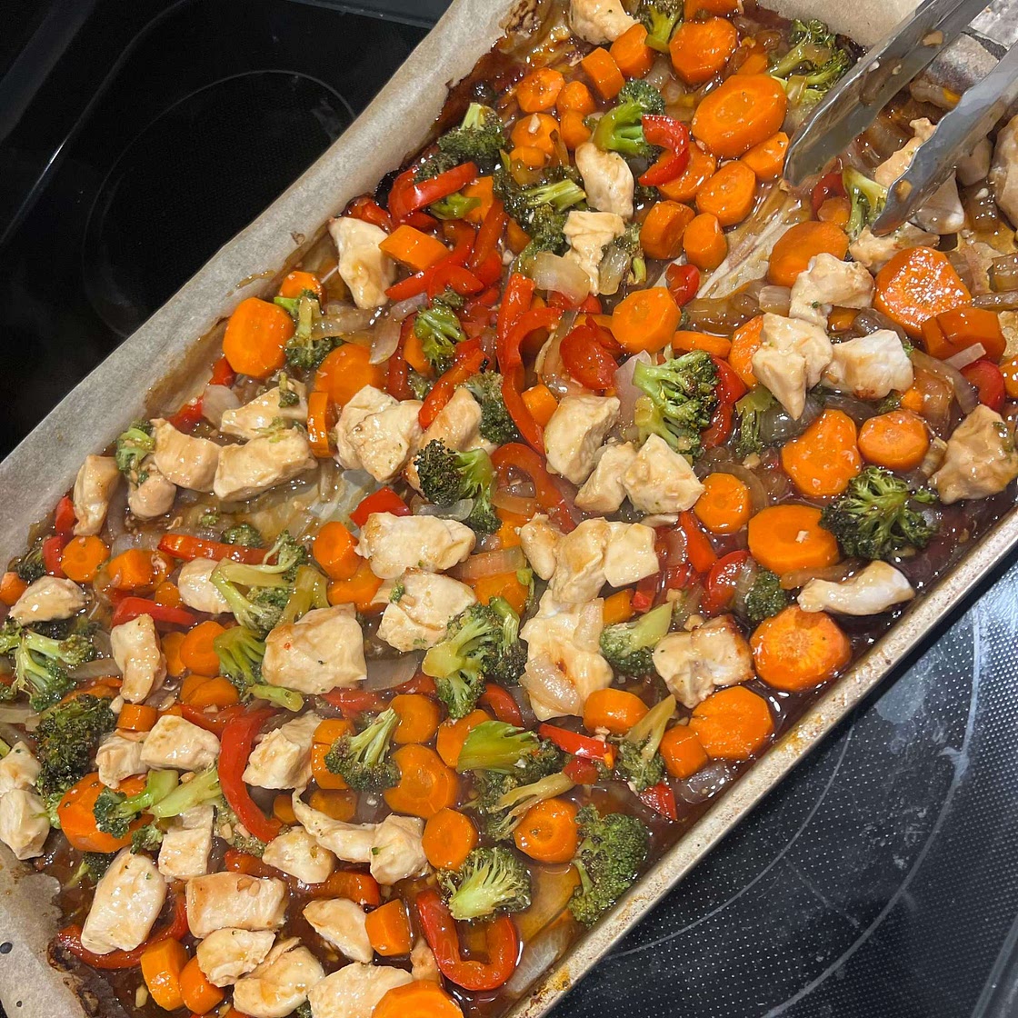 Honey Garlic Chicken and Veggie Sheet Pan Stir Fry