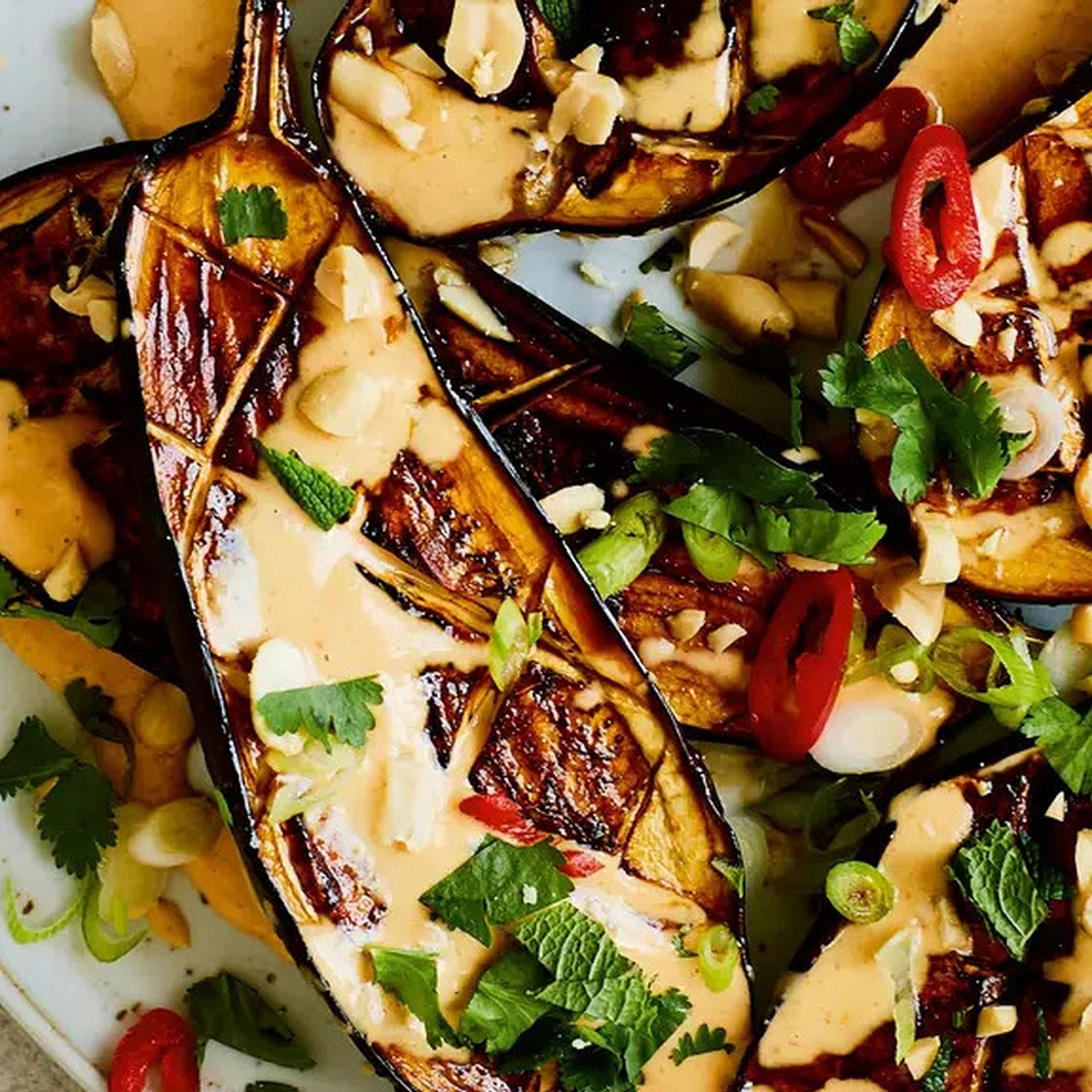 Max La Manna's sticky aubergine and peanut salad
