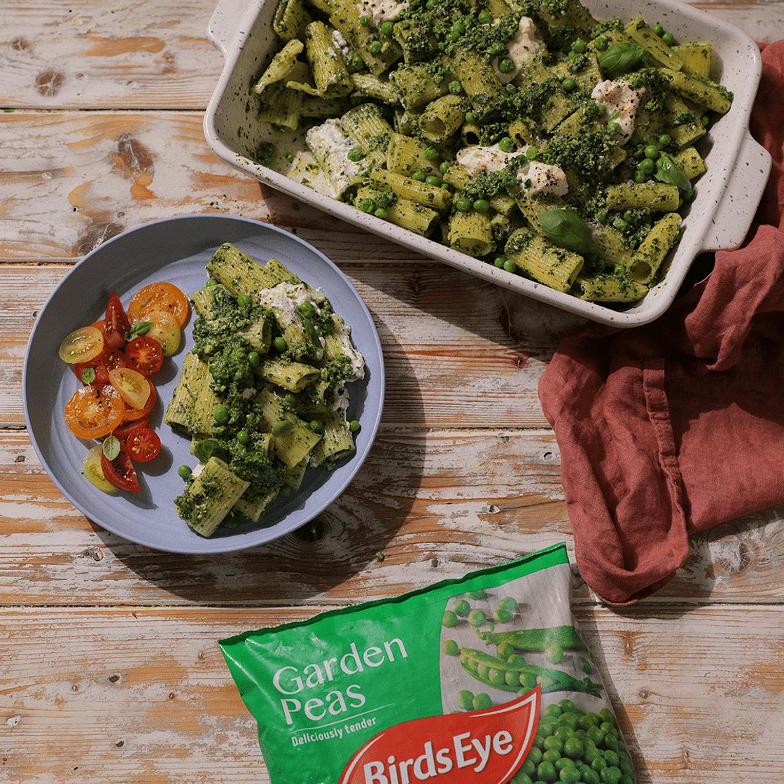 Double Pea Pesto Pasta Bake