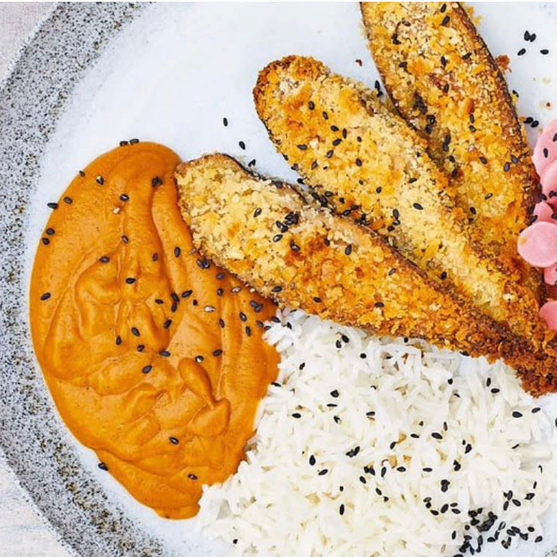 Aubergine Katsu Curry with pickled radishes