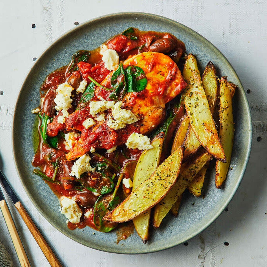 Greek Chicken
with Roast Potato, Spinach and Olives