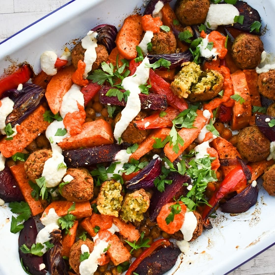 Easy Sweet Potato & Falafel Tray Bake - Roasting Tin Recipe