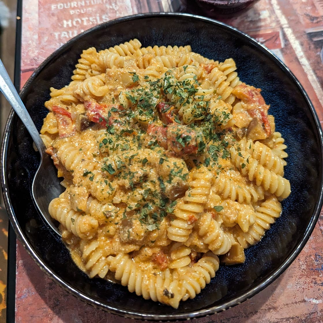 Eggplant and sun dried tomato pasta with ricotta