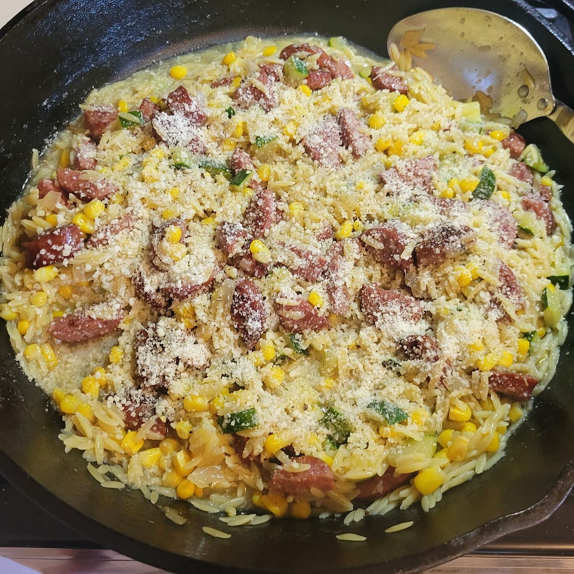 One-Pot Orzo with Sausage, Spinach and Corn