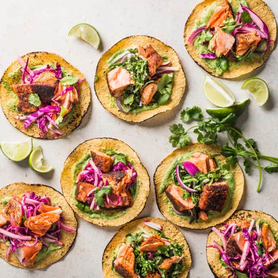 Salmon Tacos with Collard and Radish Slaw