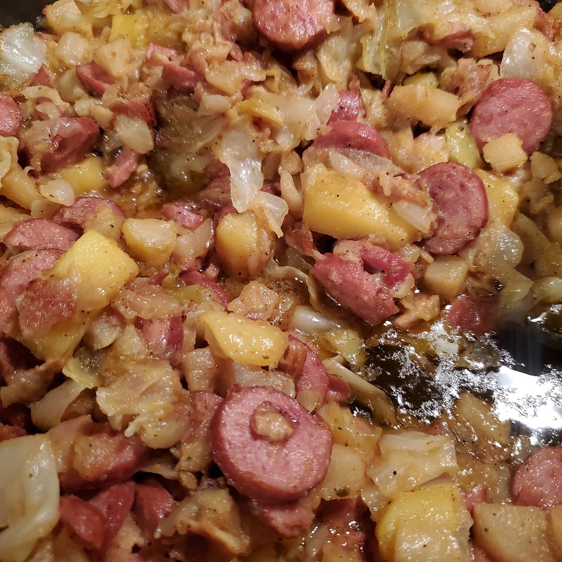 Cabbage, Potato, Onion, Rutabaga, Bacon, and sausage mix