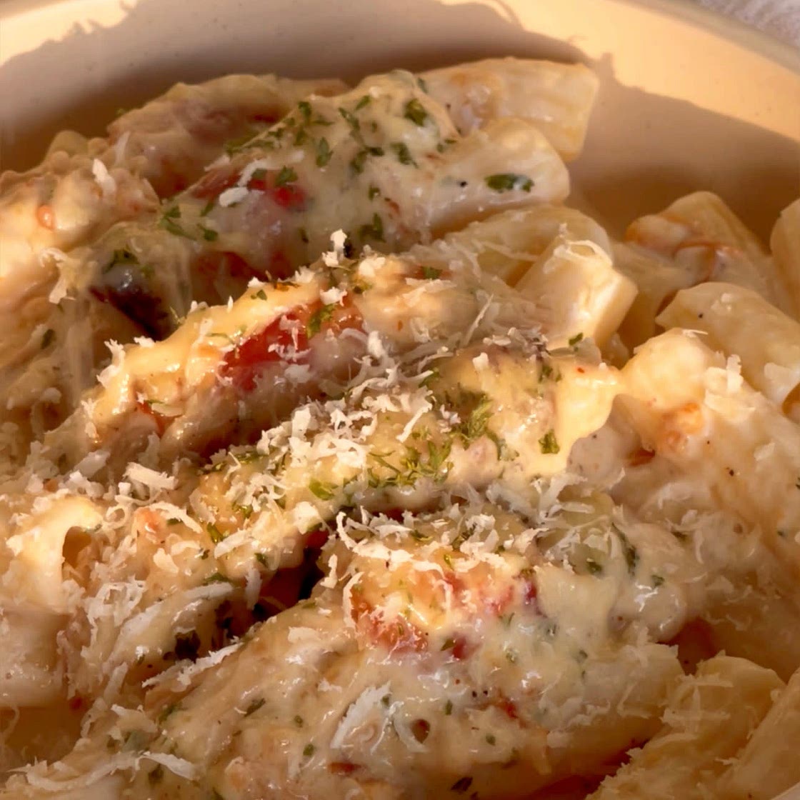 Bacon Enoki Rolls in Alfredo Sauce 