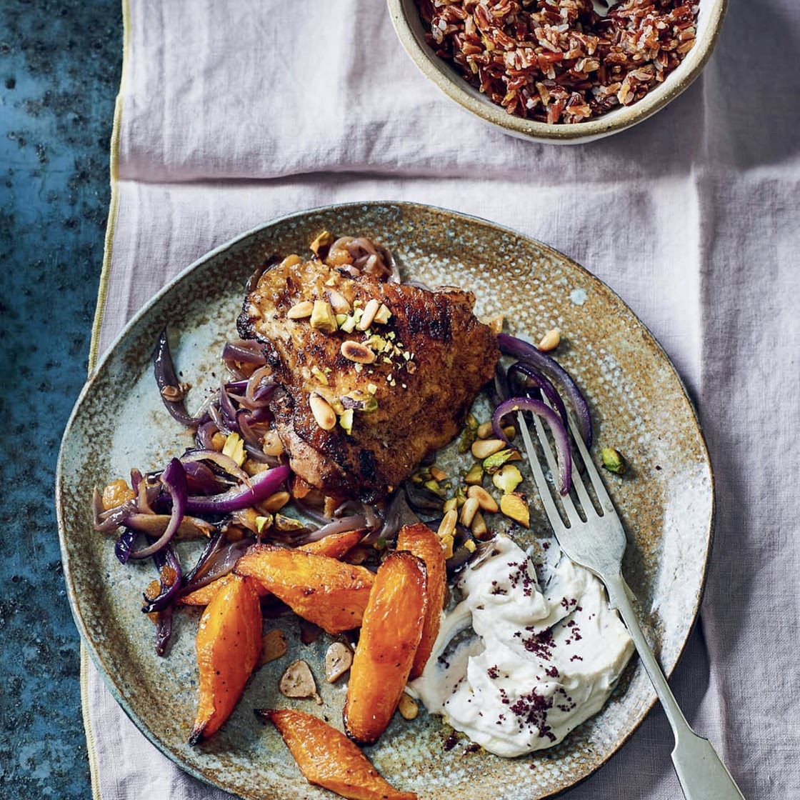 Persian Chicken Thighs with Roasted Carrots and Tahini Yoghurt
