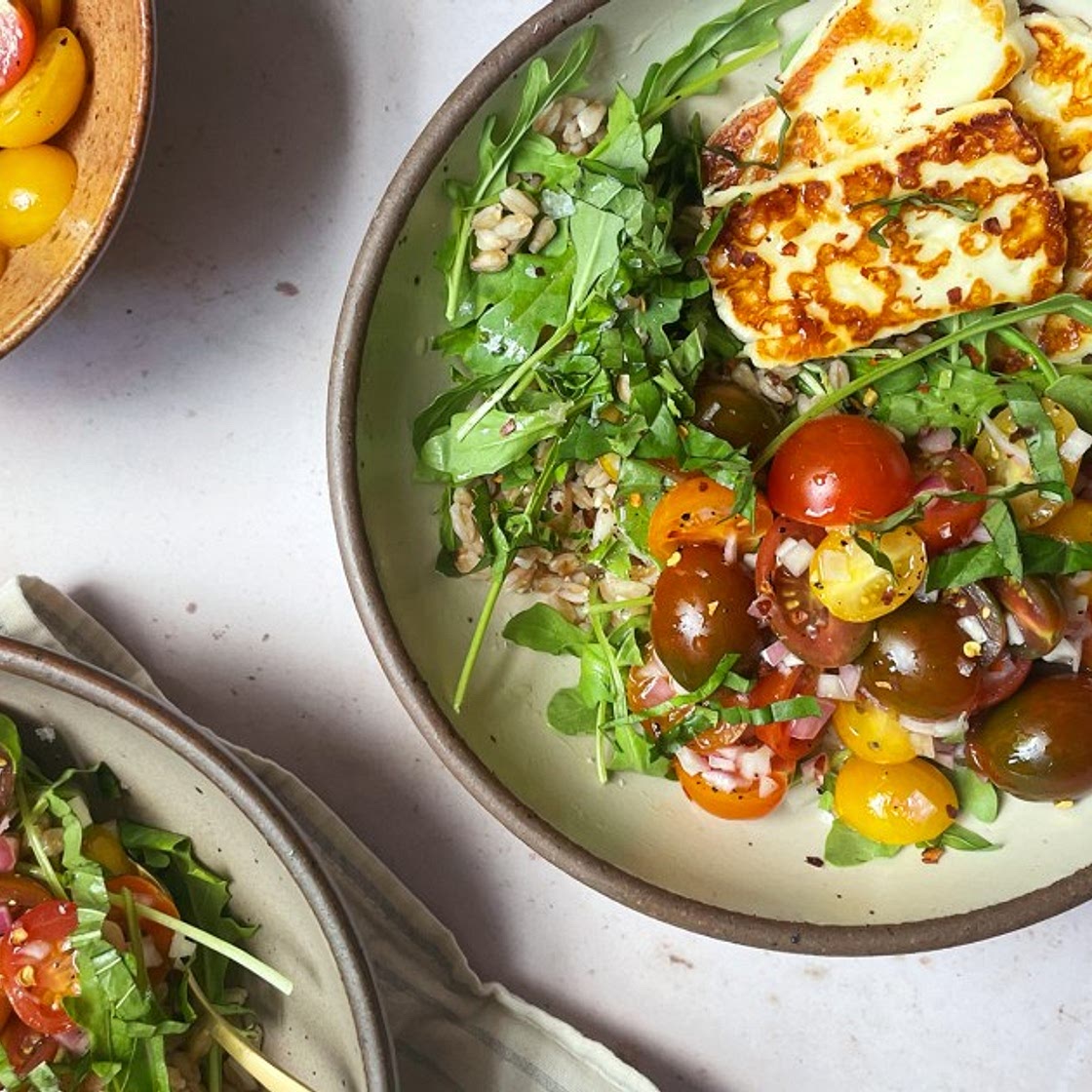 Tomato and Halloumi Salad Bowls with Farro and Basil