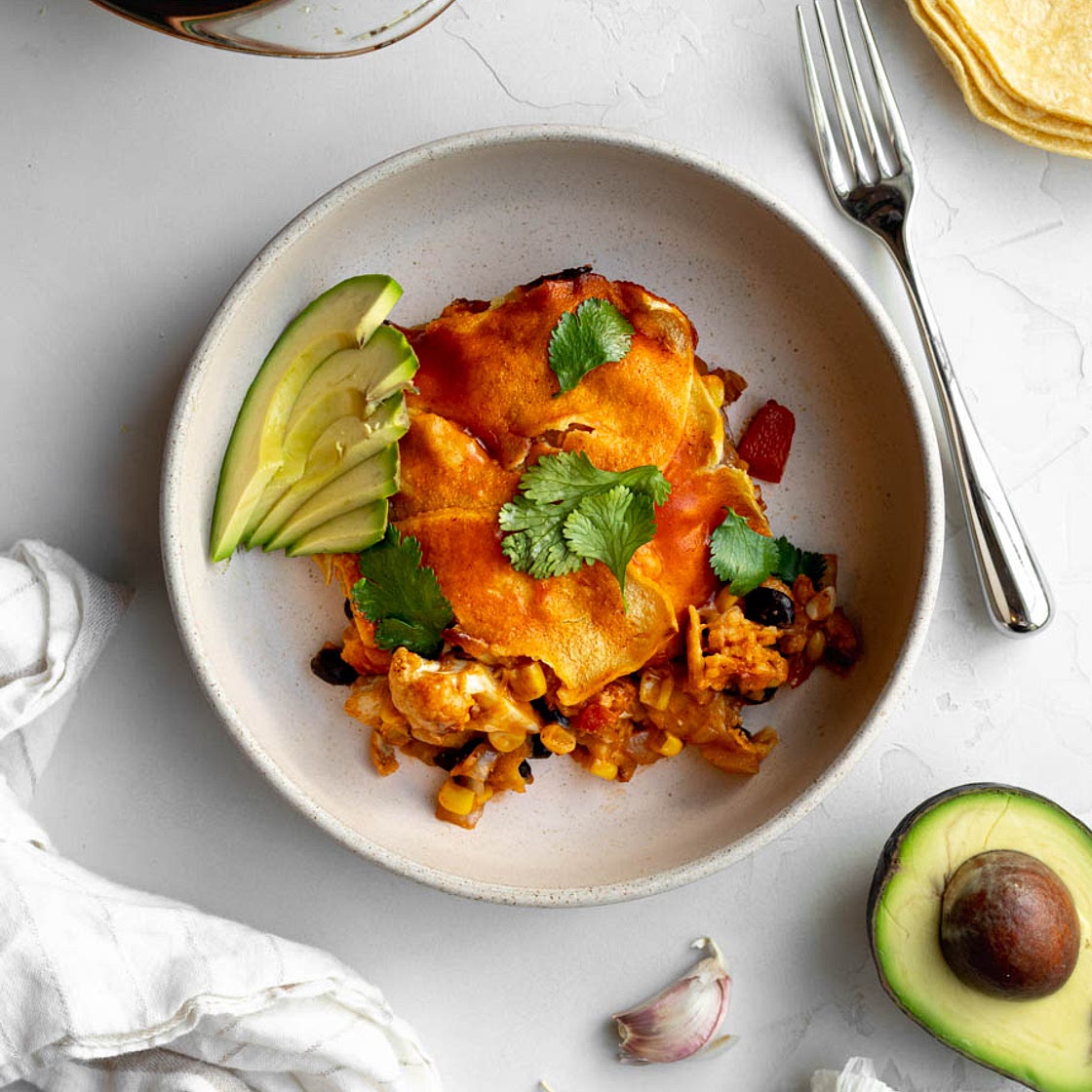 Easy Vegetarian Enchilada Bake with Roasted Cauliflower